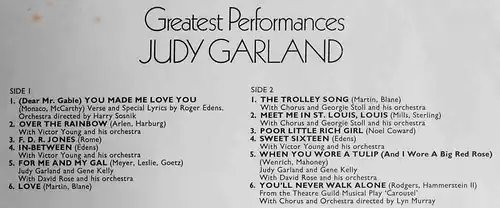 LP Judy Garland: Greatest Performances (MCA Coral CPS 107) UK Musterplatte