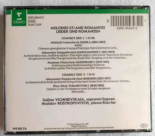 2CD Galina Vichnievskaia Mstislav Rstropovitch: Melodies & Romances (Erato) 1991