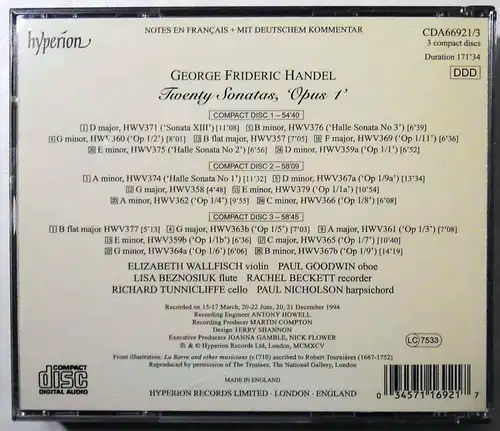 3CD Box Händel: 20 Sonatas Opus 1  (Hyperion) 1995