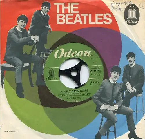 Single Beatles: A Hard days Night (Odeon O 22 760) D Beatles Firmenlochcover