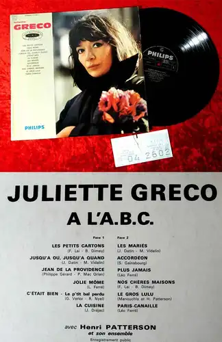 LP Juliette Greco A L´A.B.C. (Philips B 77 382 L) mit Konzert-Ticket 19.01.1991