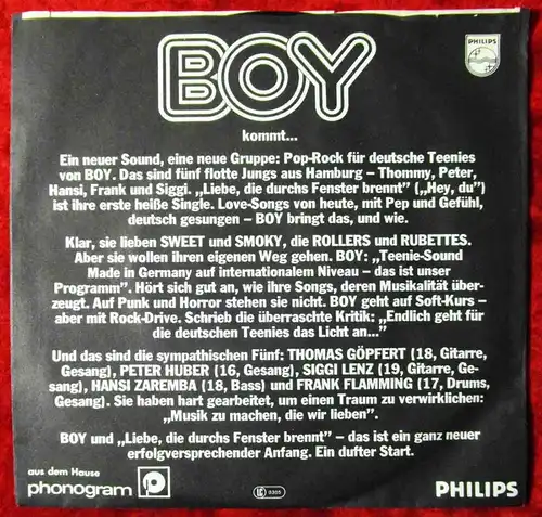 Single Boy: Liebe, die durch´s Fenster brennt (Philips 6003 678) D 1979