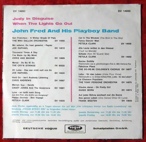 Single John Fred & Playboy Band: Judy In Disguise (Voge DV 14692) D 1967