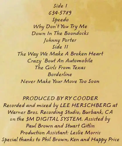 LP Ry Cooder: Borderline (Warner Bros. WB 56 864) D 1980 Sealed