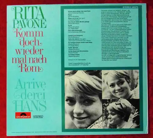 LP Rita Pavone: Komm doch wieder mal nach Rom (Polydor 249 279) D 1968 Muster