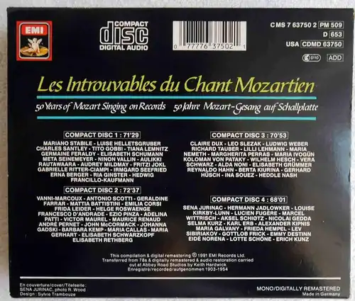 4CD Box Les Introuvables du Chant Mozartien 50 Jahre Mozart Gesang auf Platte