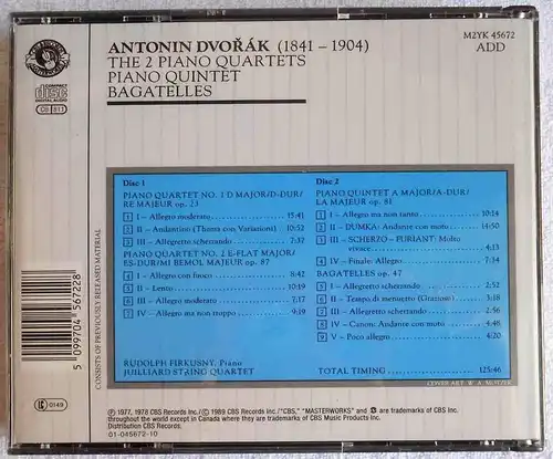 2CD Box Juillard String Quartet R. Firkusny: Dvorak 2 Piano Quartets (CBS) 1989