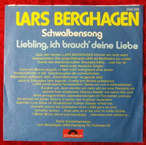Single Lars Berghagen: Liebling ich brauch Deine Liebe (Polydor 2041 500) D