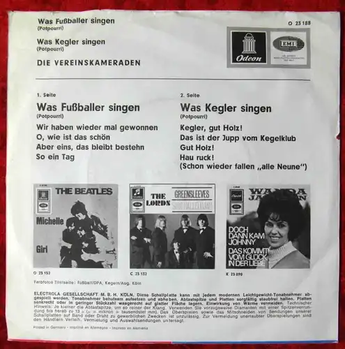 Single Vereinskameraden: Was Fussballer singen (Odeon O 23 188) D 1965