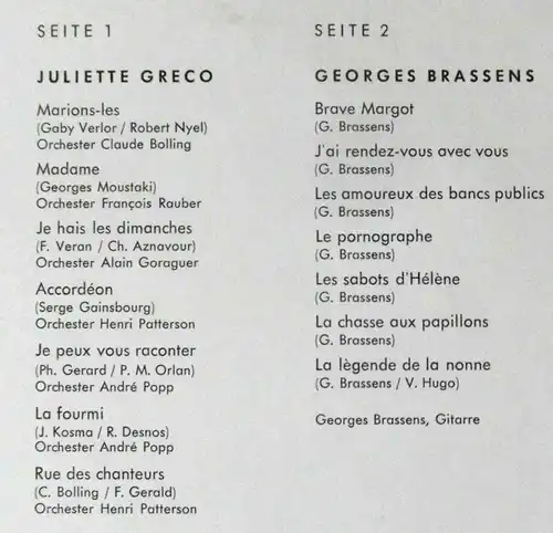 LP Juliette Greco:& Georges Brassens: Chansons (Philips H 827) Clubauflage