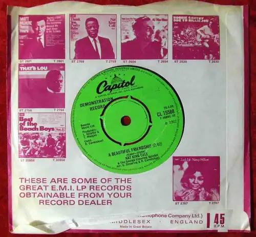 Single Nat King Cole: Answer Me / A Beautiful Friendship (Capitol CL 15588) Demo