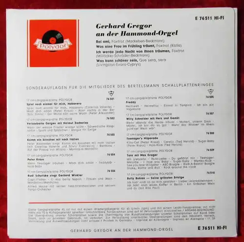 EP Gerhard Gregor an der Hammondorgel (Polydor E 76 511 HiFi) Clubauflage 1959