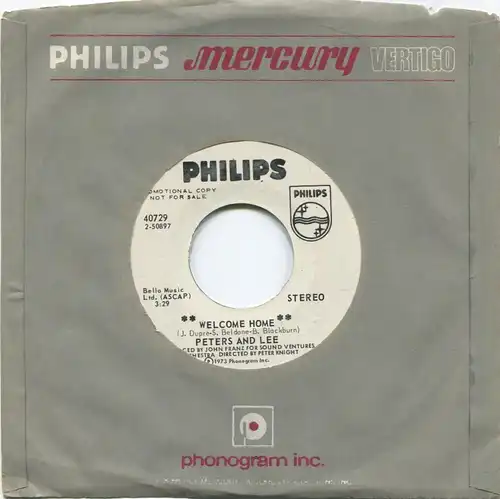 Single Peters & Lee: Welcome Home (Philips 40729) US 1973 Promo