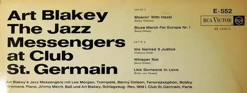 LP Art Blakey: The Jazz Messengers At Club St. Germain (RCA E-552) D1960