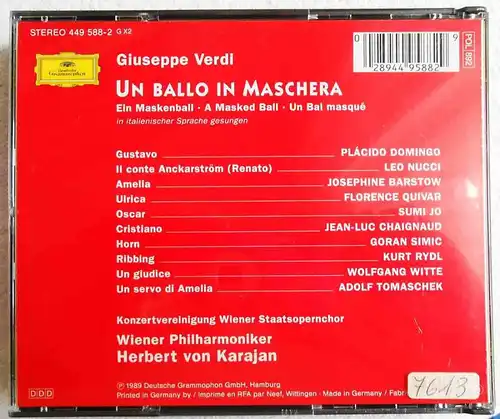 2CD Box Verdi: Un Ballo In Maschera Karajan Domingo (DGG) 1989