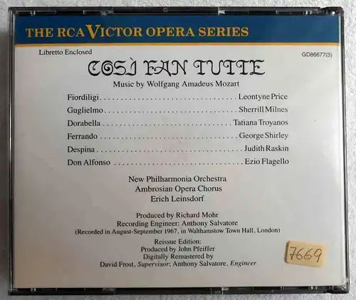 3CD Box Mozart: Cosi Fan Tutte Leontyne Price Erich Leinsdorf (RCA)
