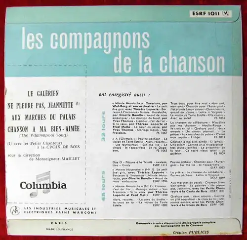 EP Les Compagnons de la Chanson: Le Galerien + 3 (Columbia ESRF 1011) F..