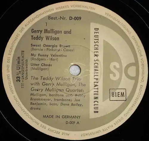 25cm LP Gerry Mulligan & Teddy Wilson (D 009) Deutscher Schallplattenclub