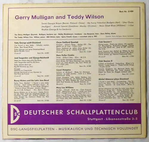 25cm LP Gerry Mulligan & Teddy Wilson (D 009) Deutscher Schallplattenclub