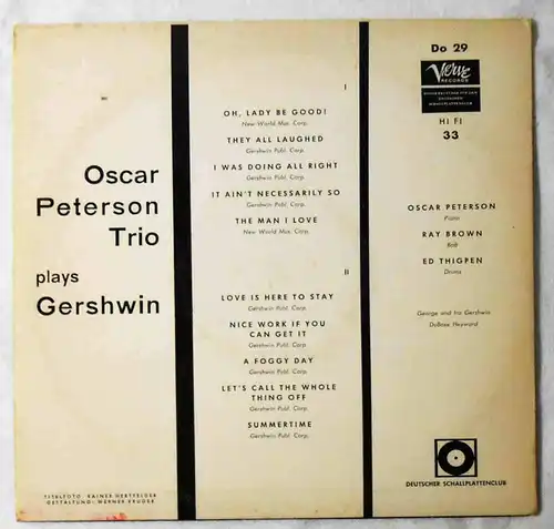 25cm LP Oscar Peterson Trio Plays Gershwin (Verve DO 29) Dt. Schallplattenclub