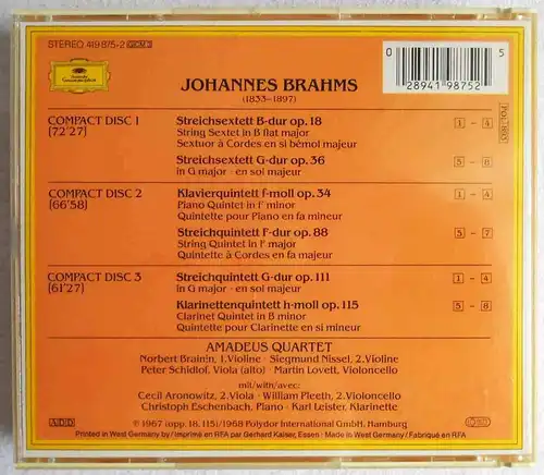 3CD Box Amadeus Quartett: Brahms - Quintette Sextette (DGG) 