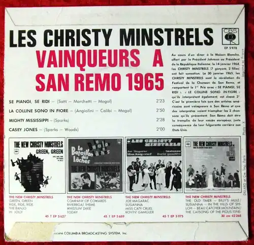 EP Les Christy Minstrels:Vainqueurs A San Remo 1965 (CBS EP 5978) F