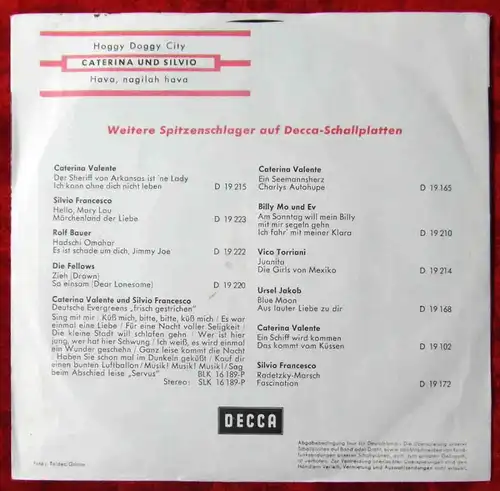 Single Caterina Valente & Silvio Francesco: Hoggy Doggy City (Decca D 19 224) D