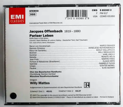 2CD Box Jacques Offenbach: Pariser Leben (EMI) 1994 Rothenbeger Bakker Holm....