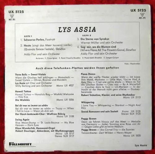 EP Lys Assia: Schwarze Perlen + 3 (Telefunken UX 5125) D