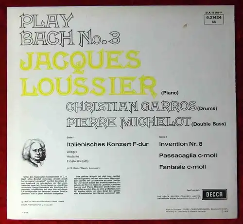 LP Jacques Loussier: Play Bach No. 3 (Decca 621424 AS) D