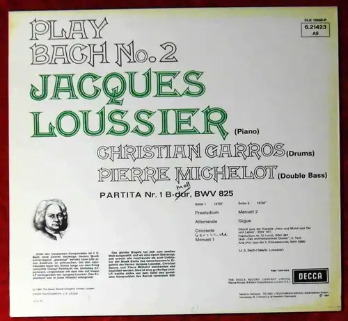 LP Jacques Loussier: Play Bach No. 2 (Decca 621423 AS) D