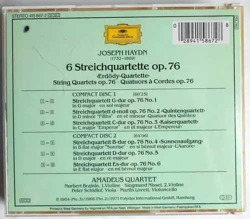 2CD Box Amadeus Quartet: Haydn - 6 Streichquartette (DGG) 1971