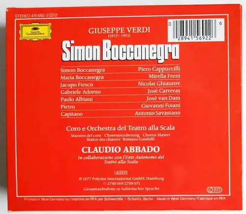 2CD Box Verdi: Simon Bocconegro (DGG) 1977 Claudio Abbado Mirella Freni