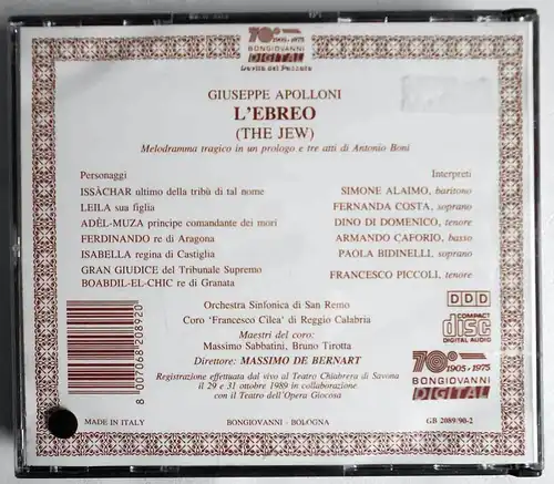2CD Box  Apolloni: L`Ebreo (1989) - Simone Alaimo Fernanda Costa