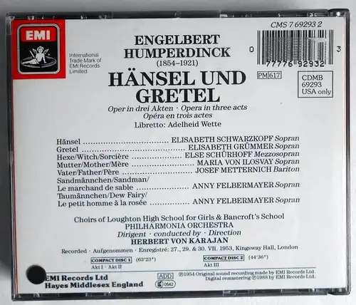 2CD Box Humperdinck: Hänsel und Gretel (EMI) Karajan Schwarzkopf Grümmer....