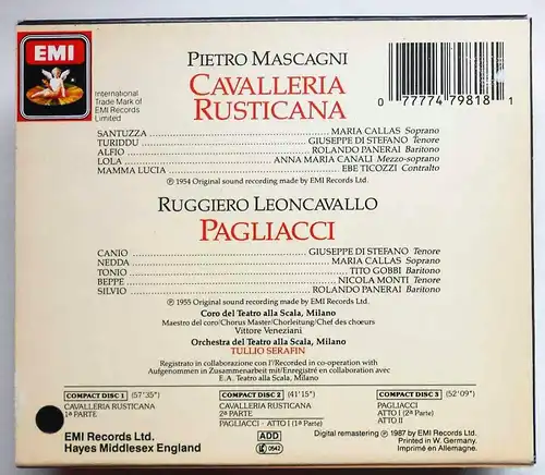 3CD Box Maria Callas: Cavalleria Rusticana / Pagliacci (EMI) 1987