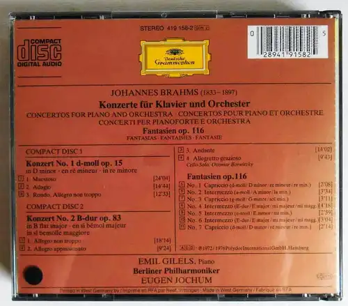 2CD Box Brahms: Die Klavierkonzerte (DGG) Emil Gilels Eugen Jochum