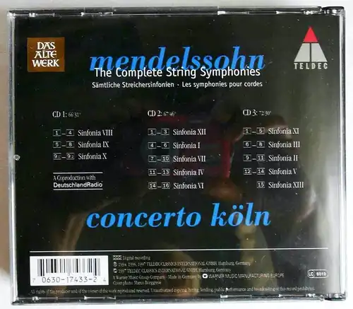 3CD Box Concerto Köln: Mendelssohn - The Complete String Symphonies (Teldec)