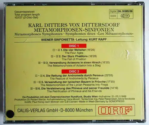 2CD Box Dittersdorf: Metamorphosen - Wiener Sinfonietta Kurt Rapf (Calig) 1988