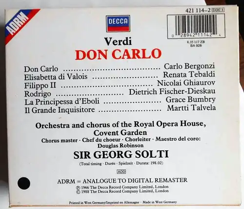 3CD Box Verdi: Don Carlo _ Bergonzi Tebaldi Ghiaurov Sir Georg Solti (Decca)