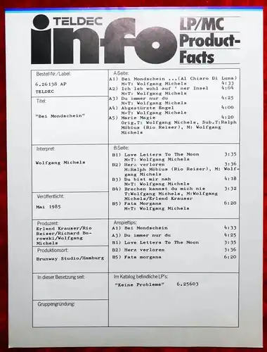 LP Michels: Bei Mondschein (Teldec) Anpressung w/ PR Facts & Signiert