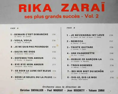 LP Rika Zarai: Ses 16 Plus Grands Succés Vol. 2 (Musidisc CV 1091) F 