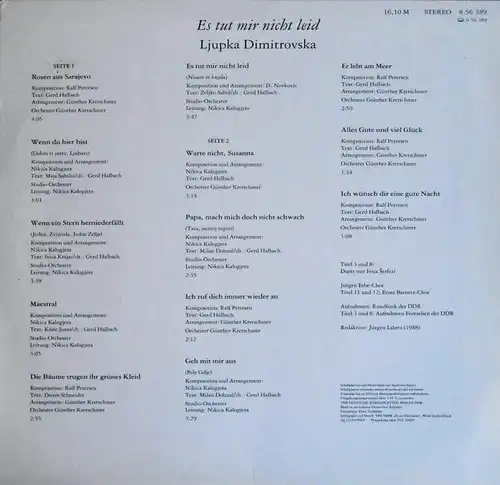 LP Ljupka Dimitrovska: Es tut mir nicht leid (Amiga 856 389) DDR 1989