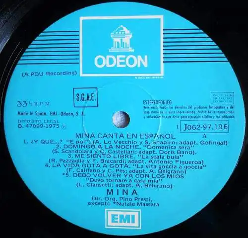 LP Mina: Canta en Espanol (EMI 1-J062-97 196) Spain 1975