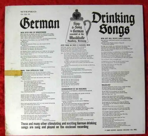 LP German Drinking Songs (Grand Award 250 SD) US 1960 Live Musikhalle Hamburg