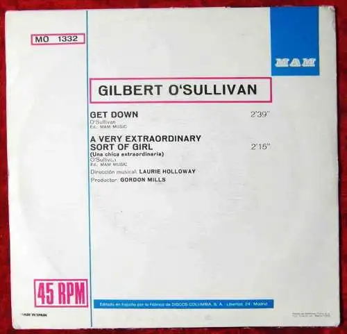 Single Gilbert O´Sullivan; Get Down (MAM MO 1332) Spanien 1973