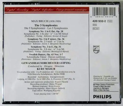 2CD Box Bruch: The 3 Symphonies Kurt Masur (Philips) 1987
