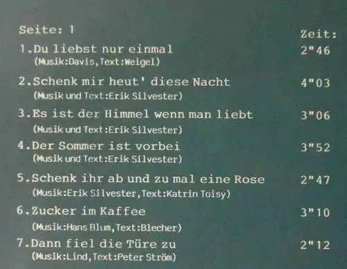 LP Erik Silvester: Zärtliche Stunden - Du lebst nur einmal (Sound of Silver 783)