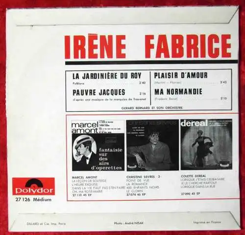 EP Irene Fabrice: La Jardiniere Du Roy + 3 (Polydor 27 126) Frankreich