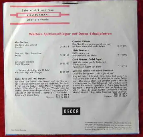 Single Vico Torriani: Lebe wohl, kleine Frau (Decca D 19 235) D
